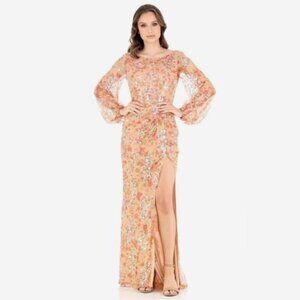 Mac Duggal Orange Floral Sequined Puff Sleeve Gown Apricot Formal Evening 16
